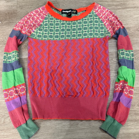 Desigual Colorful Thin Knit Patterned Crewneck Sweater - Picture 2 of 11